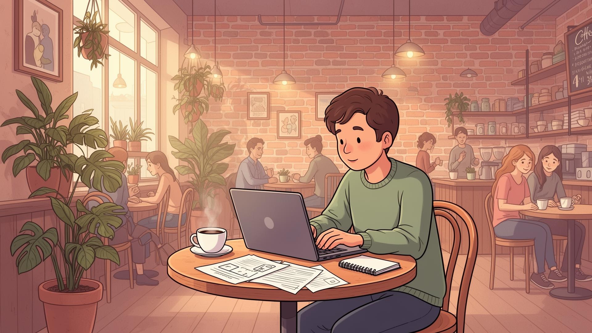ZZP werkplek met laptop, koffie en notitieboekje